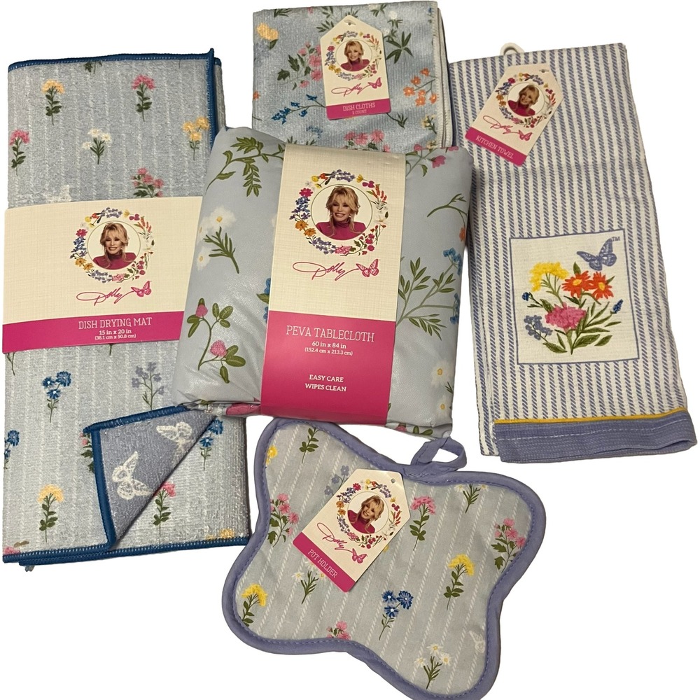 Dolly Parton 6pc Kitchen Set Floral Butterfly Tablecloth Drying Mat Towel New